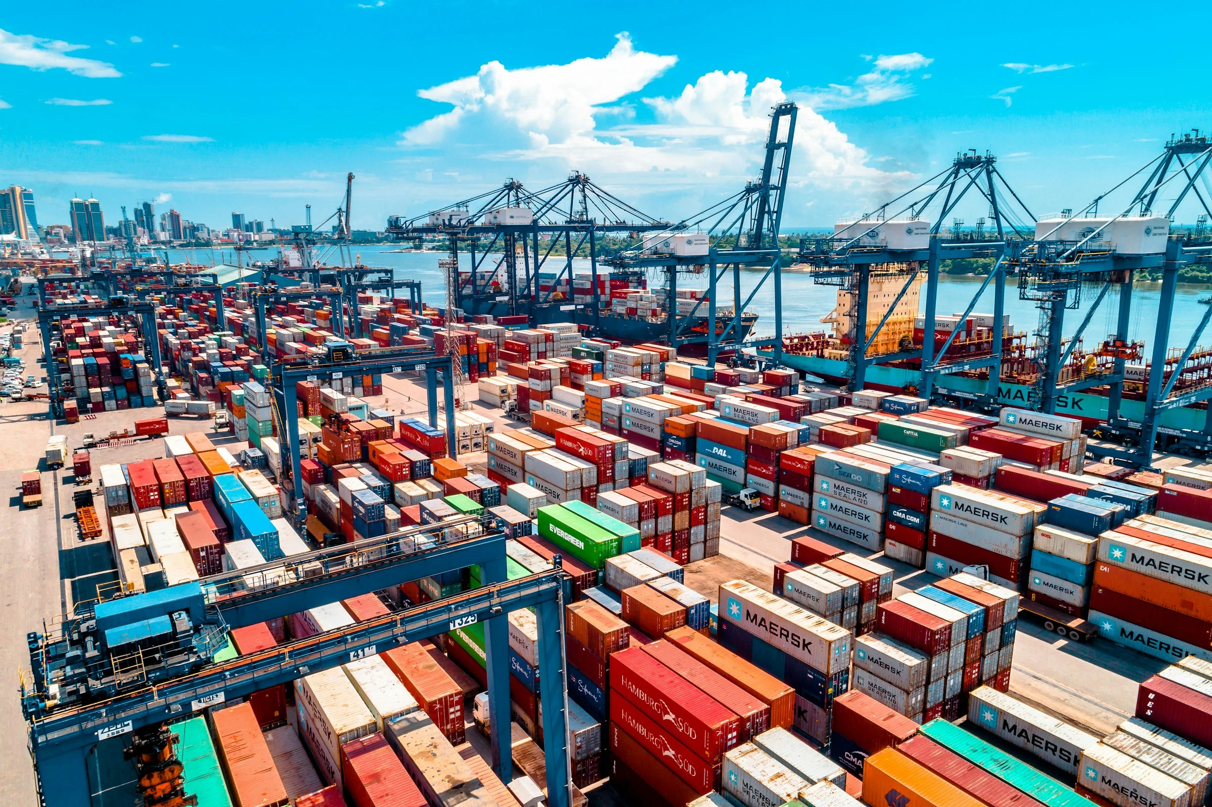 Aerial view of a busy container port